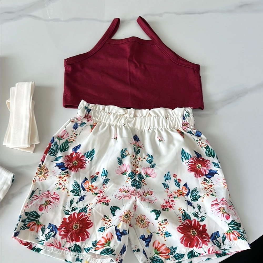 Baby toddler Floral Print Shorts Burgundy Crop Top Set with blazer style jacket